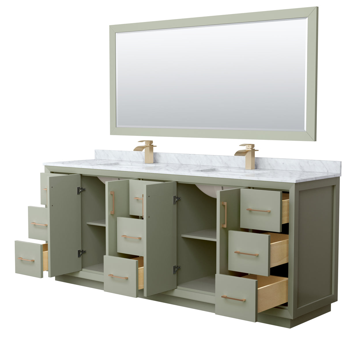 Strada 84 Inch Double Bathroom Vanity in Light Green White Carrara Marble Countertop Undermount Square Sinks Satin Bronze Trim 70 Inch Mirror
