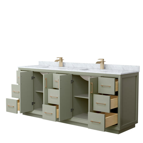 Strada 84 Inch Double Bathroom Vanity in Light Green White Carrara Marble Countertop Undermount Square Sinks Satin Bronze Trim