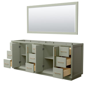 Strada 84 Inch Double Bathroom Vanity in Light Green No Countertop No Sink Satin Bronze Trim 70 Inch Mirror