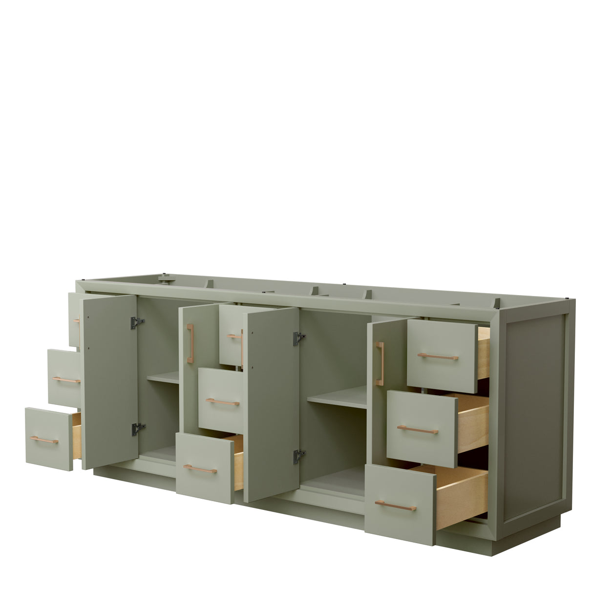 Strada 84 Inch Double Bathroom Vanity in Light Green No Countertop No Sink Satin Bronze Trim