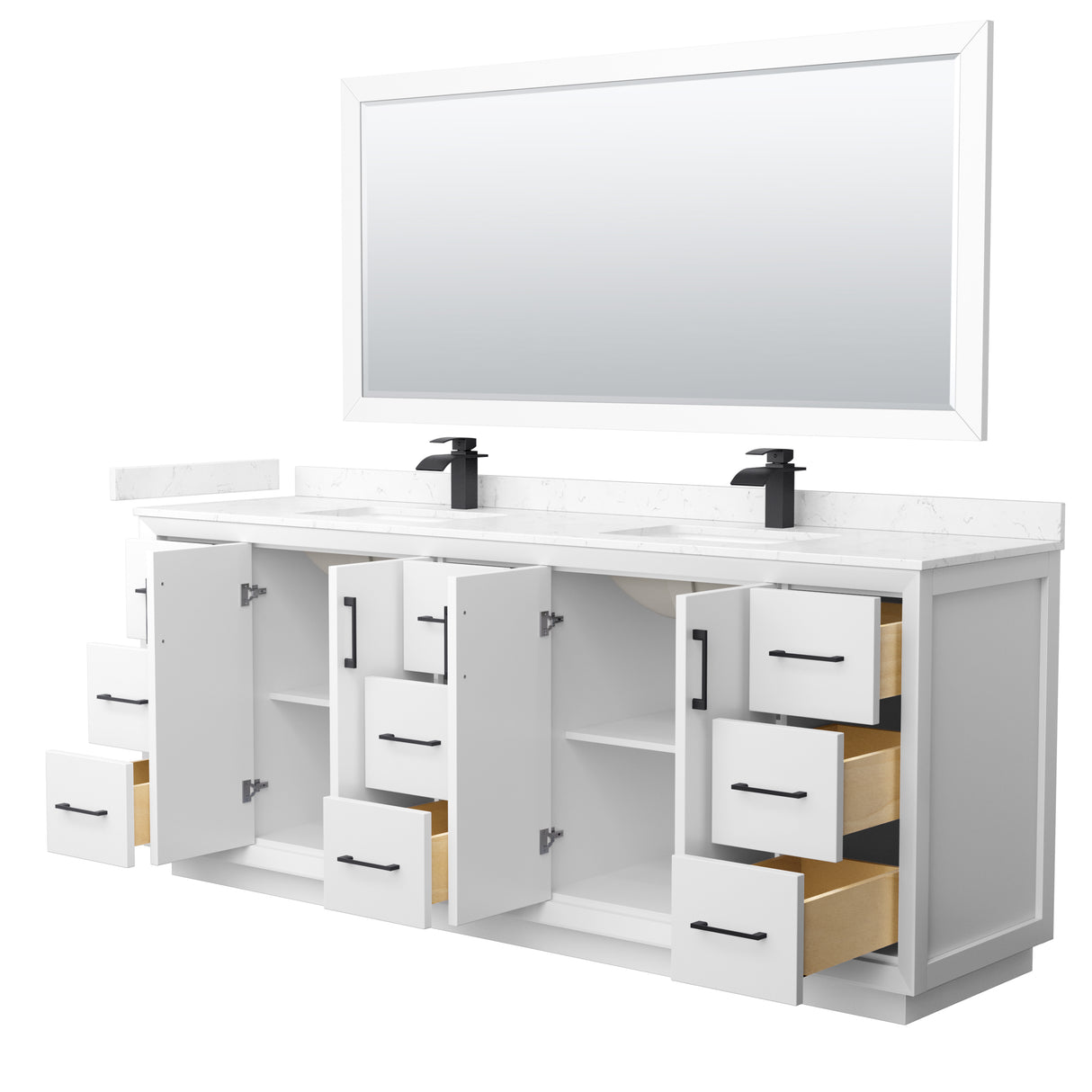 Strada 84 Inch Double Bathroom Vanity in White Carrara Cultured Marble Countertop Undermount Square Sink Matte Black Trim 70 Inch Mirror