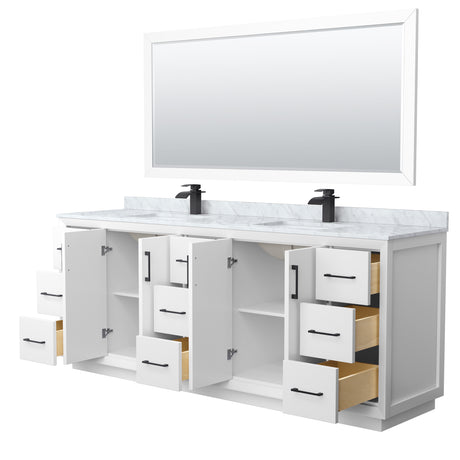 Strada 84 Inch Double Bathroom Vanity in White White Carrara Marble Countertop Undermount Square Sink Matte Black Trim 70 Inch Mirror