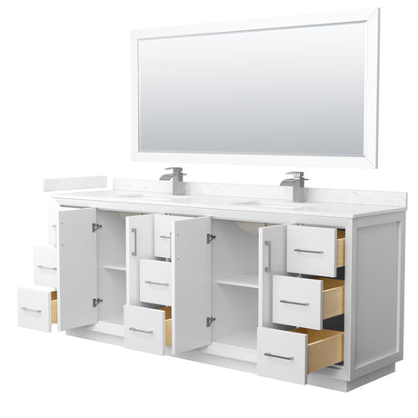 Strada 84 Inch Double Bathroom Vanity in White Carrara Cultured Marble Countertop Undermount Square Sink Brushed Nickel Trim 70 Inch Mirror