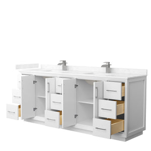 Strada 84 Inch Double Bathroom Vanity in White Carrara Cultured Marble Countertop Undermount Square Sink Brushed Nickel Trim