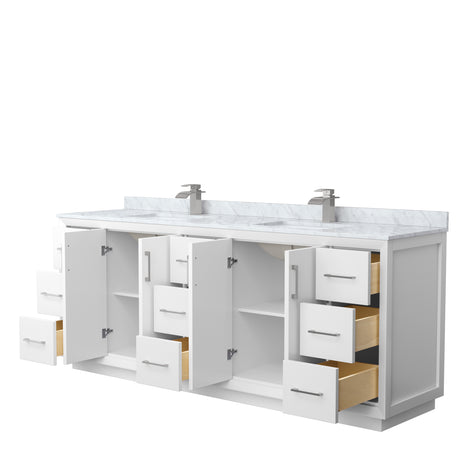 Strada 84 Inch Double Bathroom Vanity in White White Carrara Marble Countertop Undermount Square Sink Brushed Nickel Trim