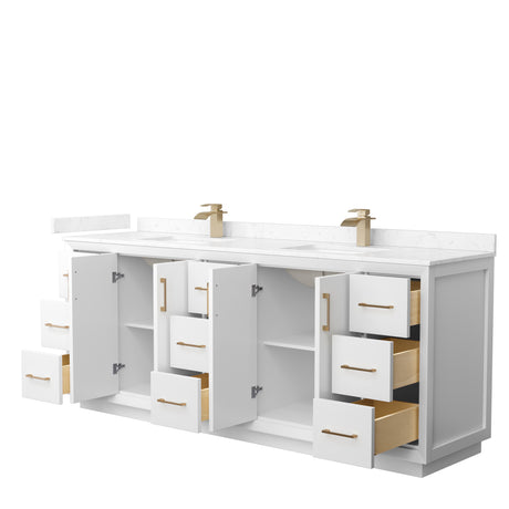Strada 84 Inch Double Bathroom Vanity in White Carrara Cultured Marble Countertop Undermount Square Sink Satin Bronze Trim