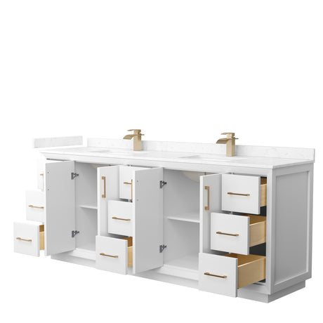 Strada 84 Inch Double Bathroom Vanity in White Carrara Cultured Marble Countertop Undermount Square Sink Satin Bronze Trim
