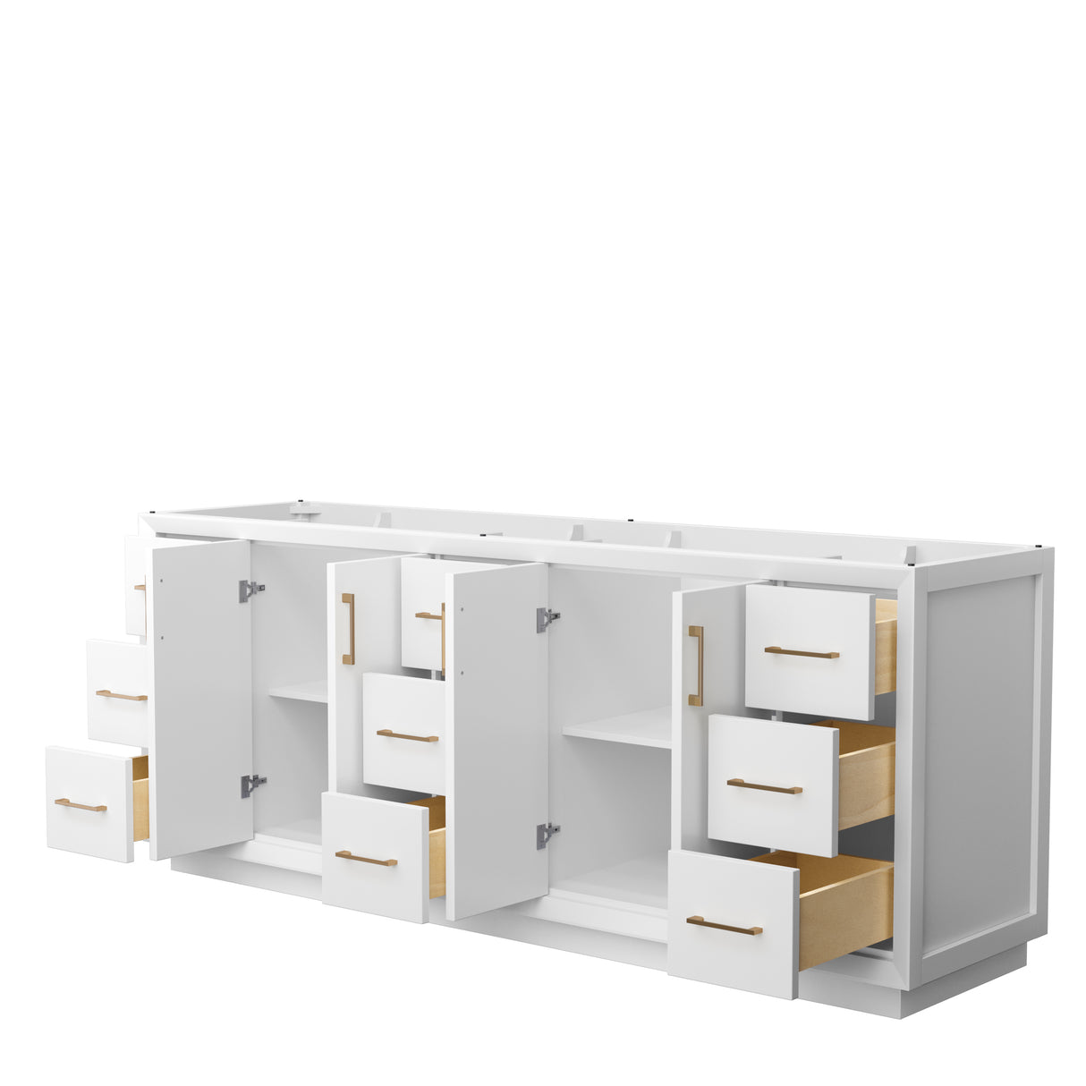 Strada 84 Inch Double Bathroom Vanity in White No Countertop No Sink Satin Bronze Trim