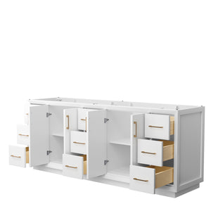 Strada 84 Inch Double Bathroom Vanity in White No Countertop No Sink Satin Bronze Trim