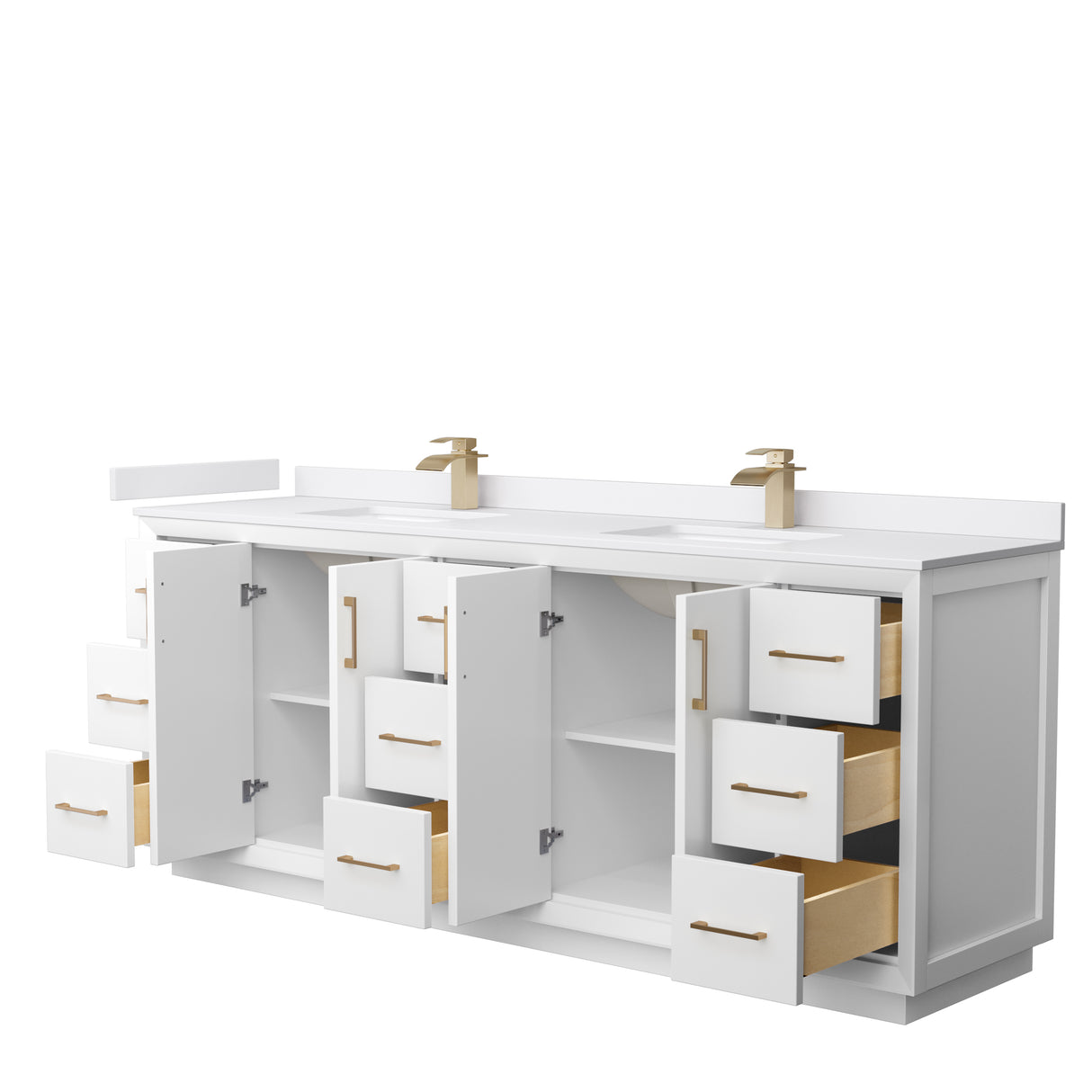 Strada 84 Inch Double Bathroom Vanity in White White Cultured Marble Countertop Undermount Square Sink Satin Bronze Trim