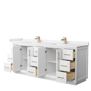 Strada 84 Inch Double Bathroom Vanity in White White Cultured Marble Countertop Undermount Square Sink Satin Bronze Trim