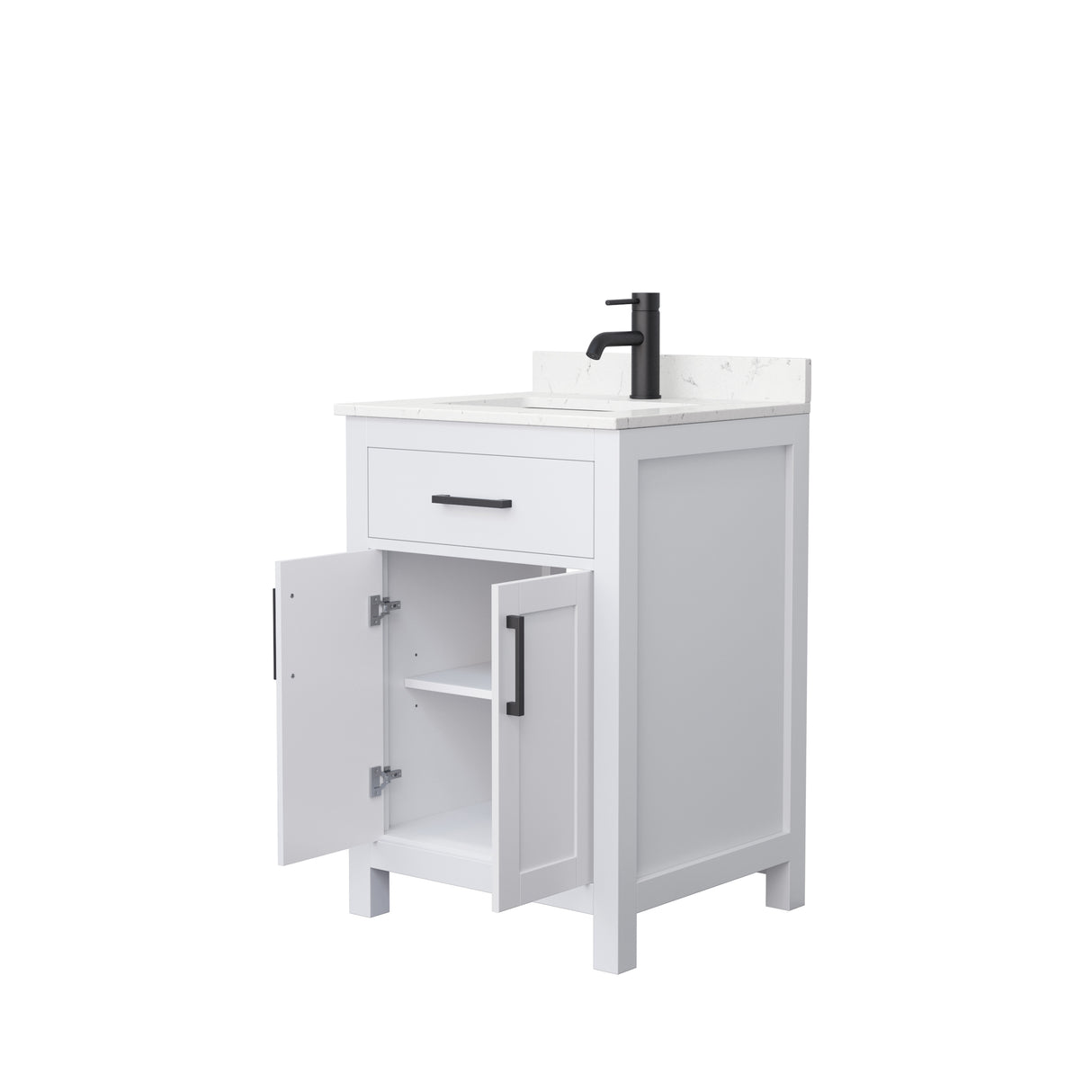 Beckett 24 Inch Single Bathroom Vanity in White Carrara Cultured Marble Countertop Undermount Square Sink Matte Black Trim