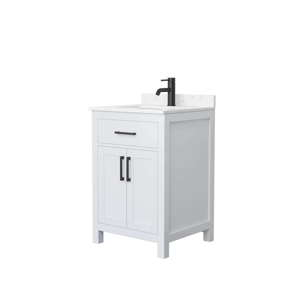 Beckett 24 Inch Single Bathroom Vanity in White Carrara Cultured Marble Countertop Undermount Square Sink Matte Black Trim