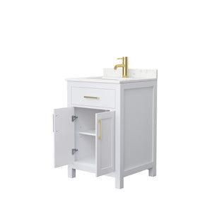 Beckett 24 Inch Single Bathroom Vanity in White Carrara Cultured Marble Countertop Undermount Square Sink Brushed Gold Trim