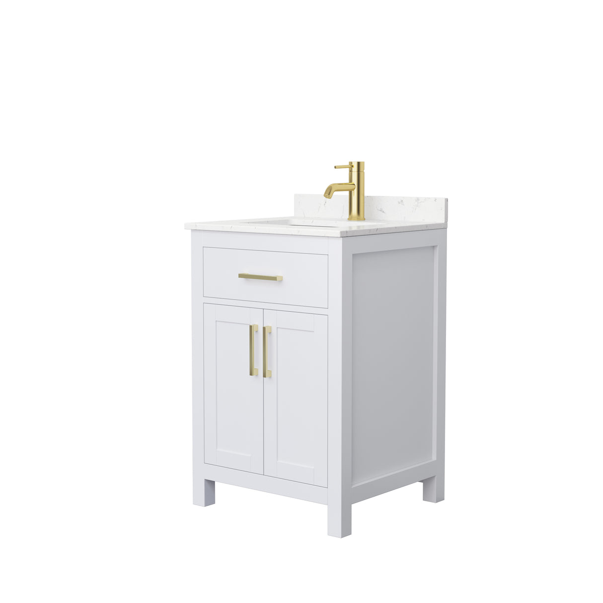 Beckett 24 Inch Single Bathroom Vanity in White Carrara Cultured Marble Countertop Undermount Square Sink Brushed Gold Trim