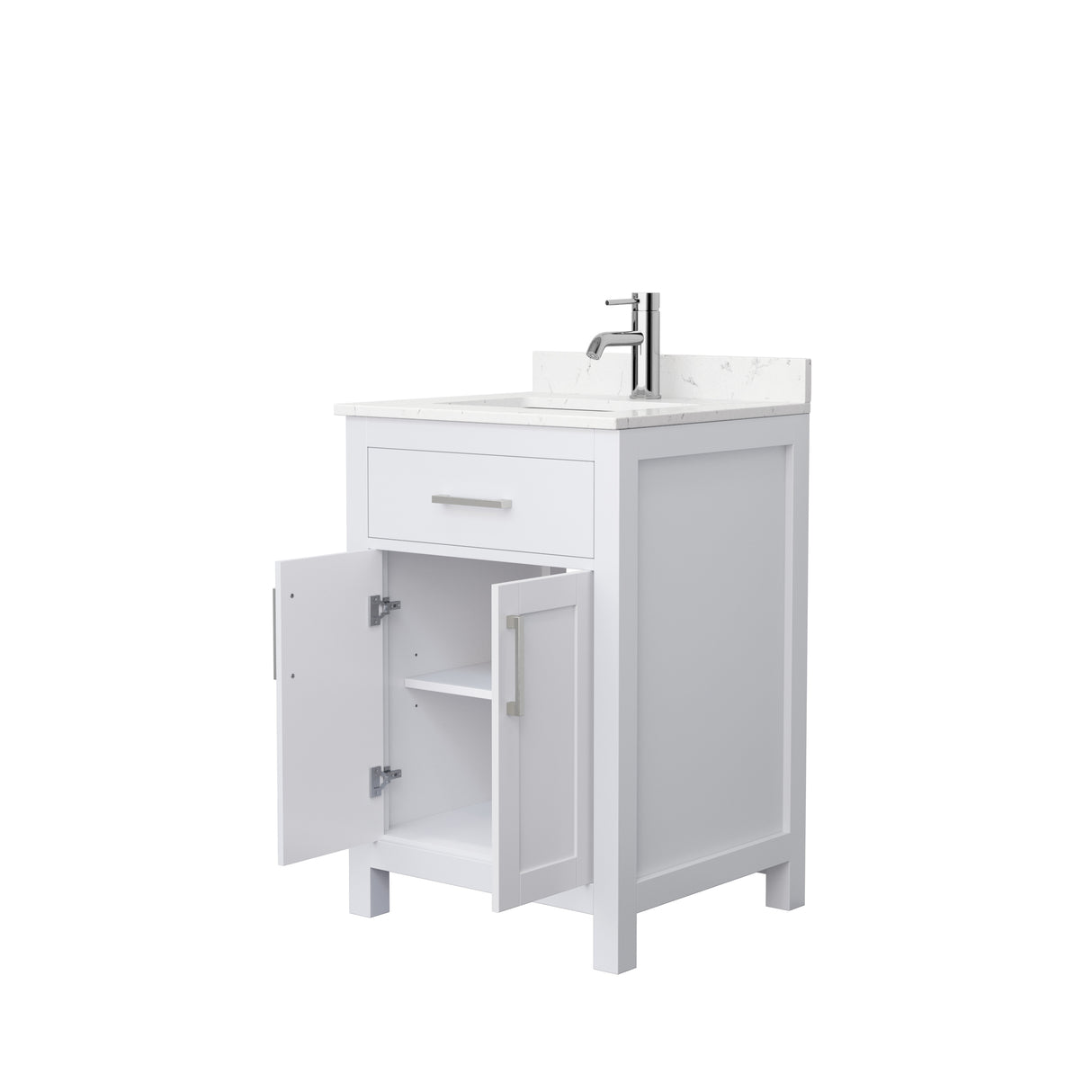 Beckett 24 Inch Single Bathroom Vanity in White Carrara Cultured Marble Countertop Undermount Square Sink Brushed Nickel Trim