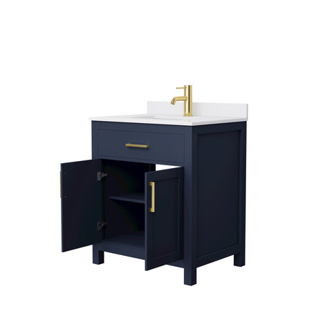 Beckett 30 Inch Single Bathroom Vanity in Dark Blue White Cultured Marble Countertop Undermount Square Sink Brushed Gold Trim