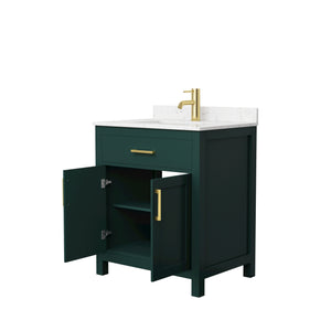 Beckett 30 Inch Single Bathroom Vanity in Green Carrara Cultured Marble Countertop Undermount Square Sink Brushed Gold Trim