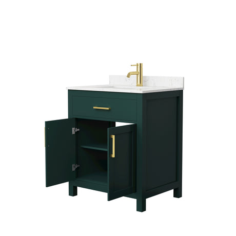 Beckett 30 Inch Single Bathroom Vanity in Green Carrara Cultured Marble Countertop Undermount Square Sink Brushed Gold Trim