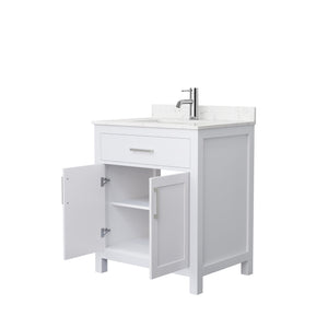 Beckett 30 Inch Single Bathroom Vanity in White Carrara Cultured Marble Countertop Undermount Square Sink Brushed Nickel Trim