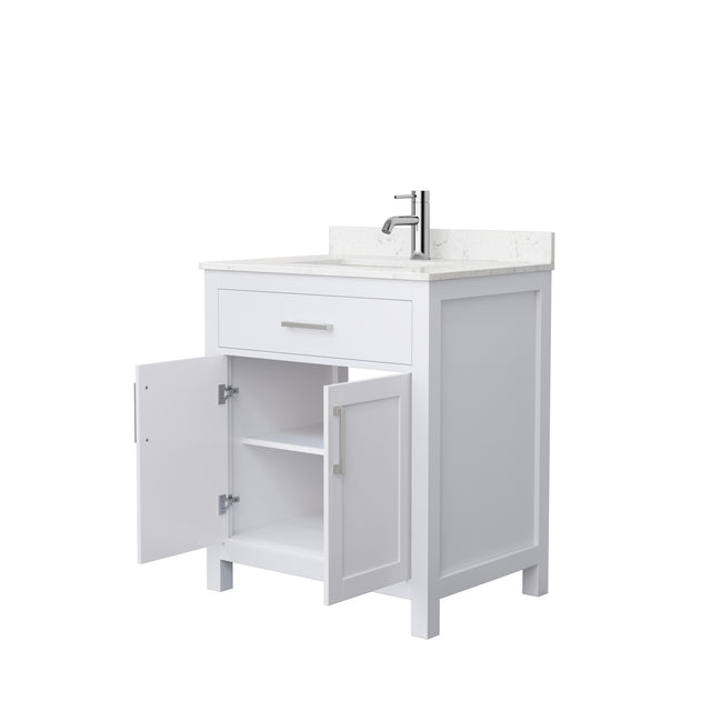 Beckett 30 Inch Single Bathroom Vanity in White Carrara Cultured Marble Countertop Undermount Square Sink Brushed Nickel Trim