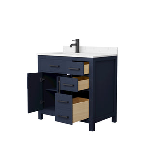 Beckett 36 Inch Single Bathroom Vanity in Dark Blue Carrara Cultured Marble Countertop Undermount Square Sink Matte Black Trim