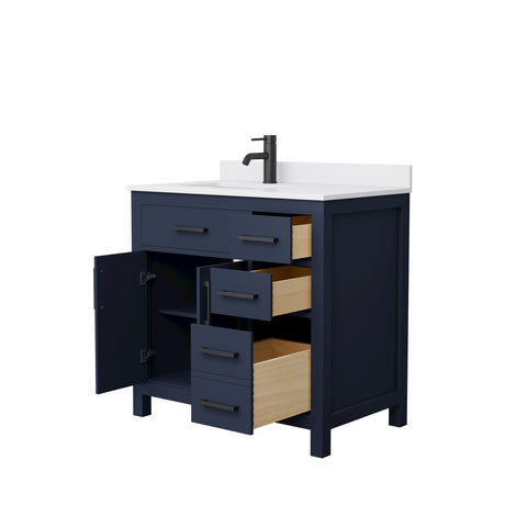 Beckett 36 Inch Single Bathroom Vanity in Dark Blue White Cultured Marble Countertop Undermount Square Sink Matte Black Trim