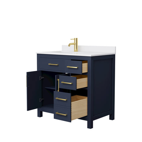 Beckett 36 Inch Single Bathroom Vanity in Dark Blue White Cultured Marble Countertop Undermount Square Sink Brushed Gold Trim