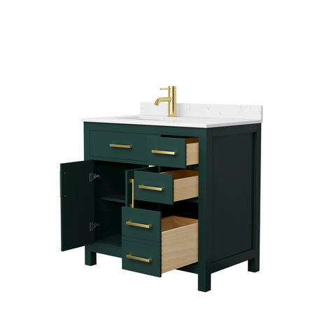 Beckett 36 Inch Single Bathroom Vanity in Green Carrara Cultured Marble Countertop Undermount Square Sink Brushed Gold Trim