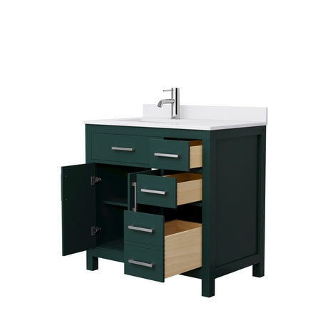 Beckett 36 Inch Single Bathroom Vanity in Green White Cultured Marble Countertop Undermount Square Sink Brushed Nickel Trim