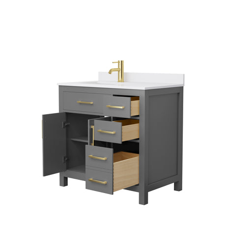 Beckett 36 Inch Single Bathroom Vanity in Dark Gray White Cultured Marble Countertop Undermount Square Sink Brushed Gold Trim