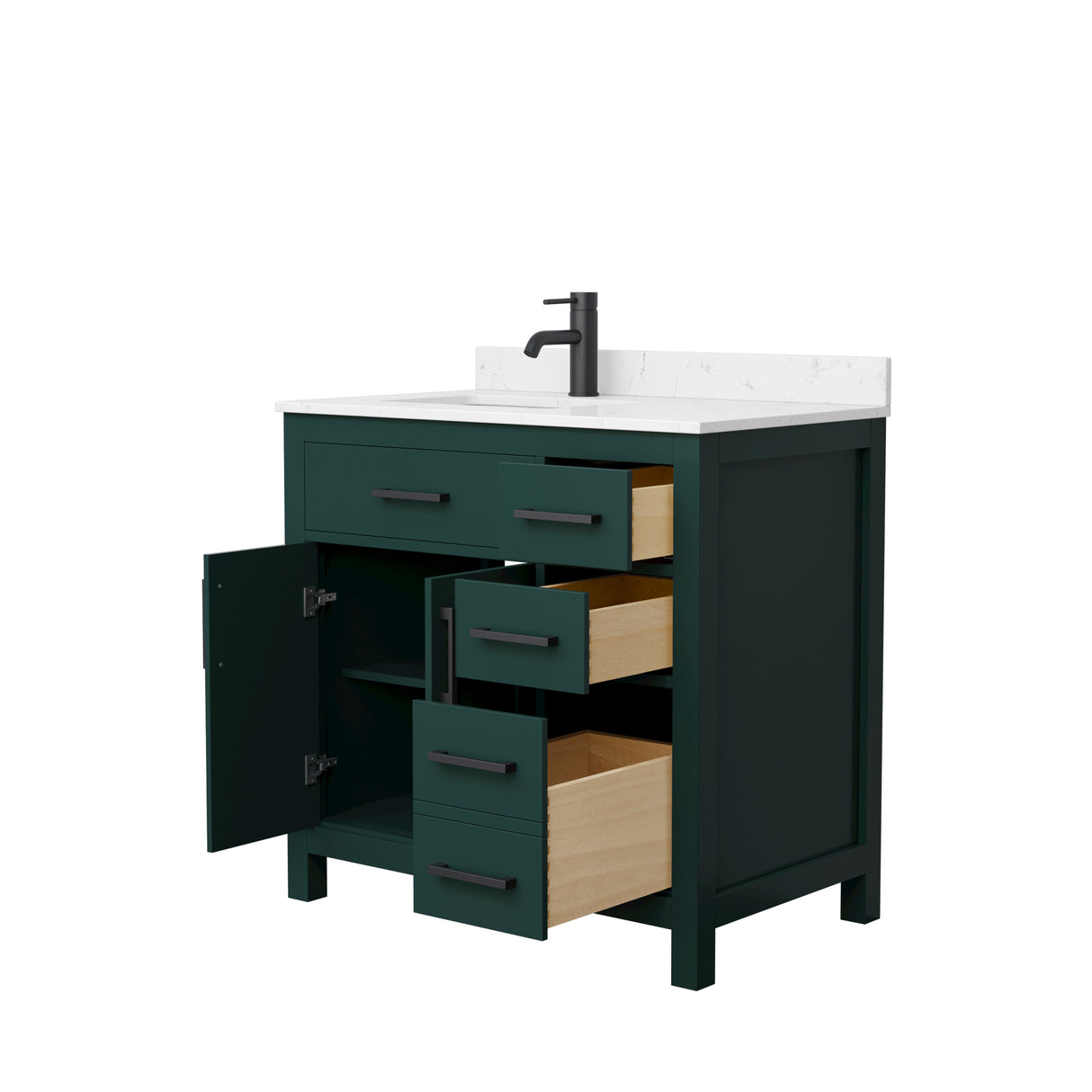 Beckett 36 Inch Single Bathroom Vanity in Green Carrara Cultured Marble Countertop Undermount Square Sink Matte Black Trim