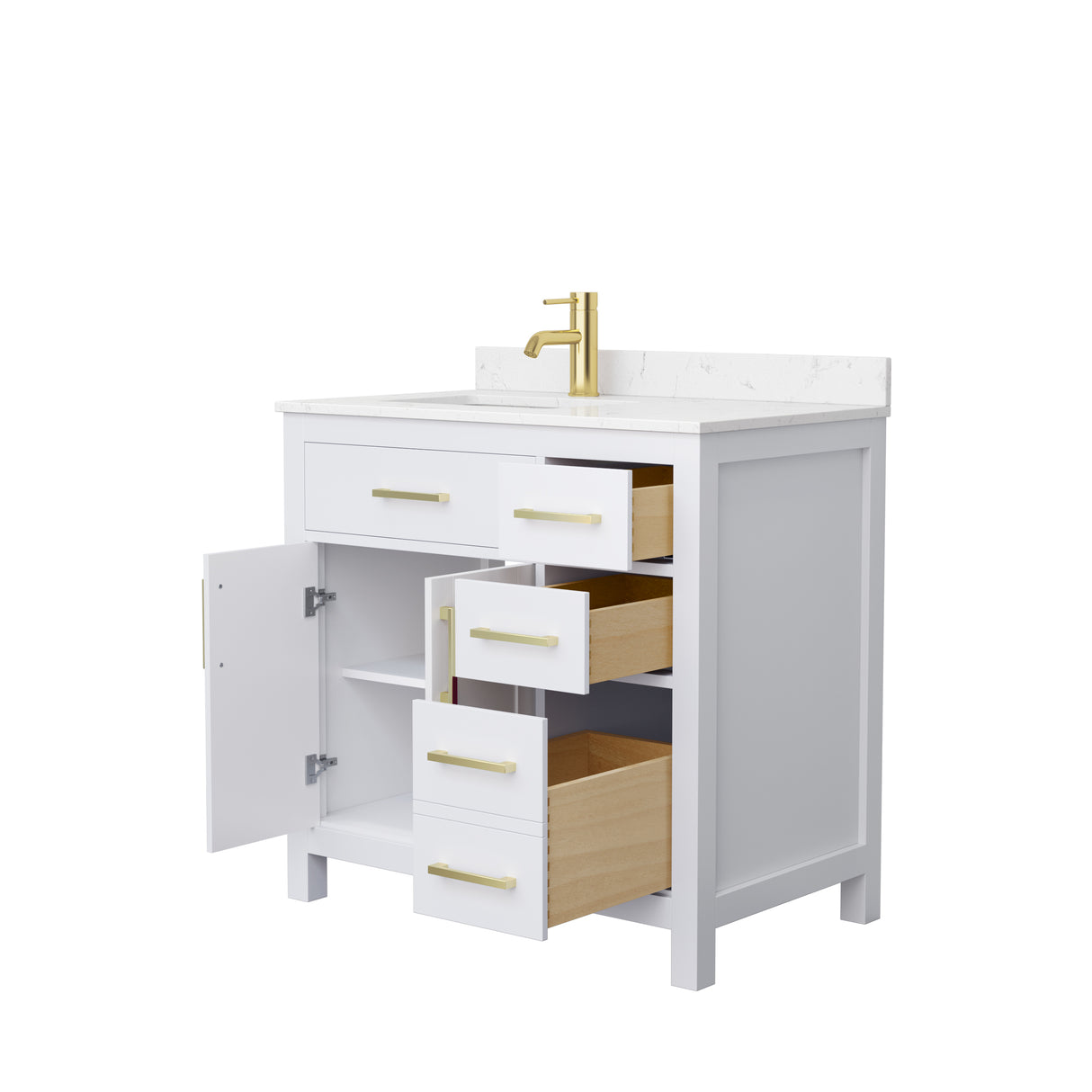 Beckett 36 Inch Single Bathroom Vanity in White Carrara Cultured Marble Countertop Undermount Square Sink Brushed Gold Trim