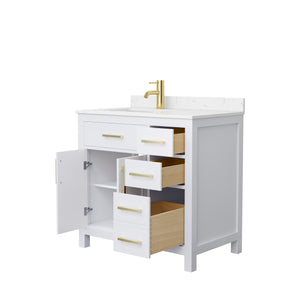 Beckett 36 Inch Single Bathroom Vanity in White Carrara Cultured Marble Countertop Undermount Square Sink Brushed Gold Trim