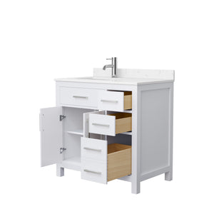 Beckett 36 Inch Single Bathroom Vanity in White Carrara Cultured Marble Countertop Undermount Square Sink Brushed Nickel Trim