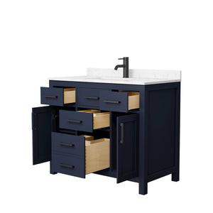 Beckett 42 Inch Single Bathroom Vanity in Dark Blue Carrara Cultured Marble Countertop Undermount Square Sink Matte Black Trim