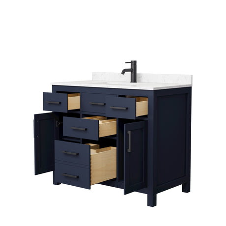 Beckett 42 Inch Single Bathroom Vanity in Dark Blue Carrara Cultured Marble Countertop Undermount Square Sink Matte Black Trim