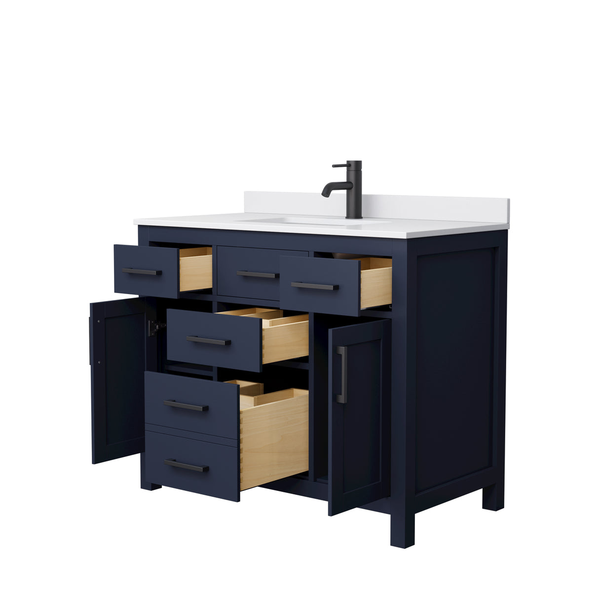 Beckett 42 Inch Single Bathroom Vanity in Dark Blue White Cultured Marble Countertop Undermount Square Sink Matte Black Trim