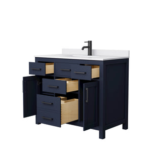 Beckett 42 Inch Single Bathroom Vanity in Dark Blue White Cultured Marble Countertop Undermount Square Sink Matte Black Trim