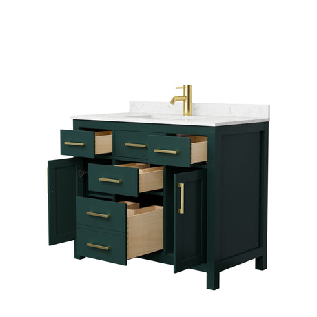 Beckett 42 Inch Single Bathroom Vanity in Green Carrara Cultured Marble Countertop Undermount Square Sink Brushed Gold Trim