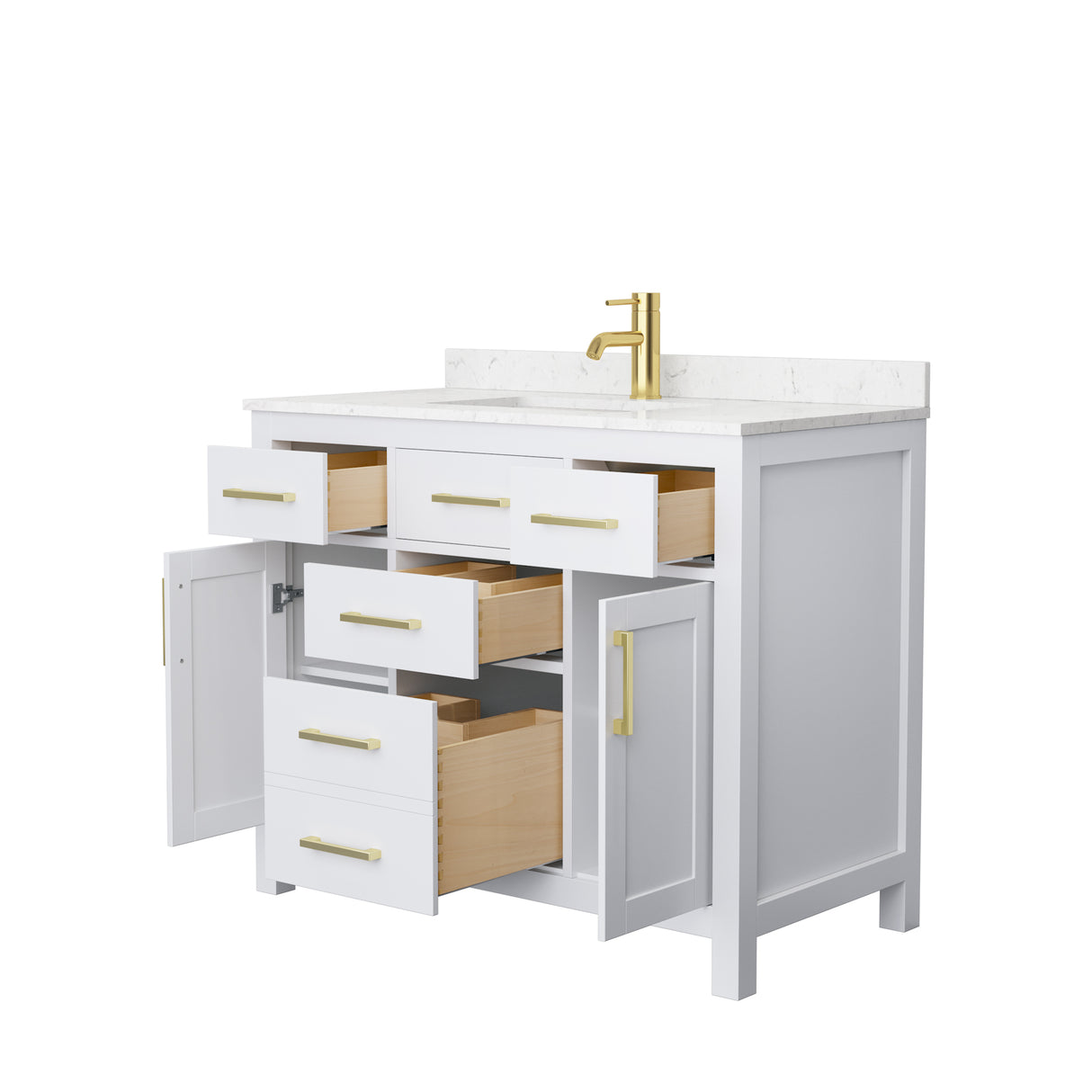 Beckett 42 Inch Single Bathroom Vanity in White Carrara Cultured Marble Countertop Undermount Square Sink Brushed Gold Trim