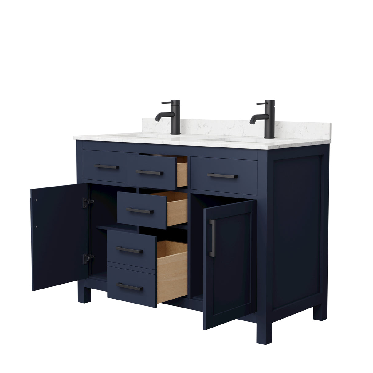 Beckett 48 Inch Double Bathroom Vanity in Dark Blue Carrara Cultured Marble Countertop Undermount Square Sinks Matte Black Trim