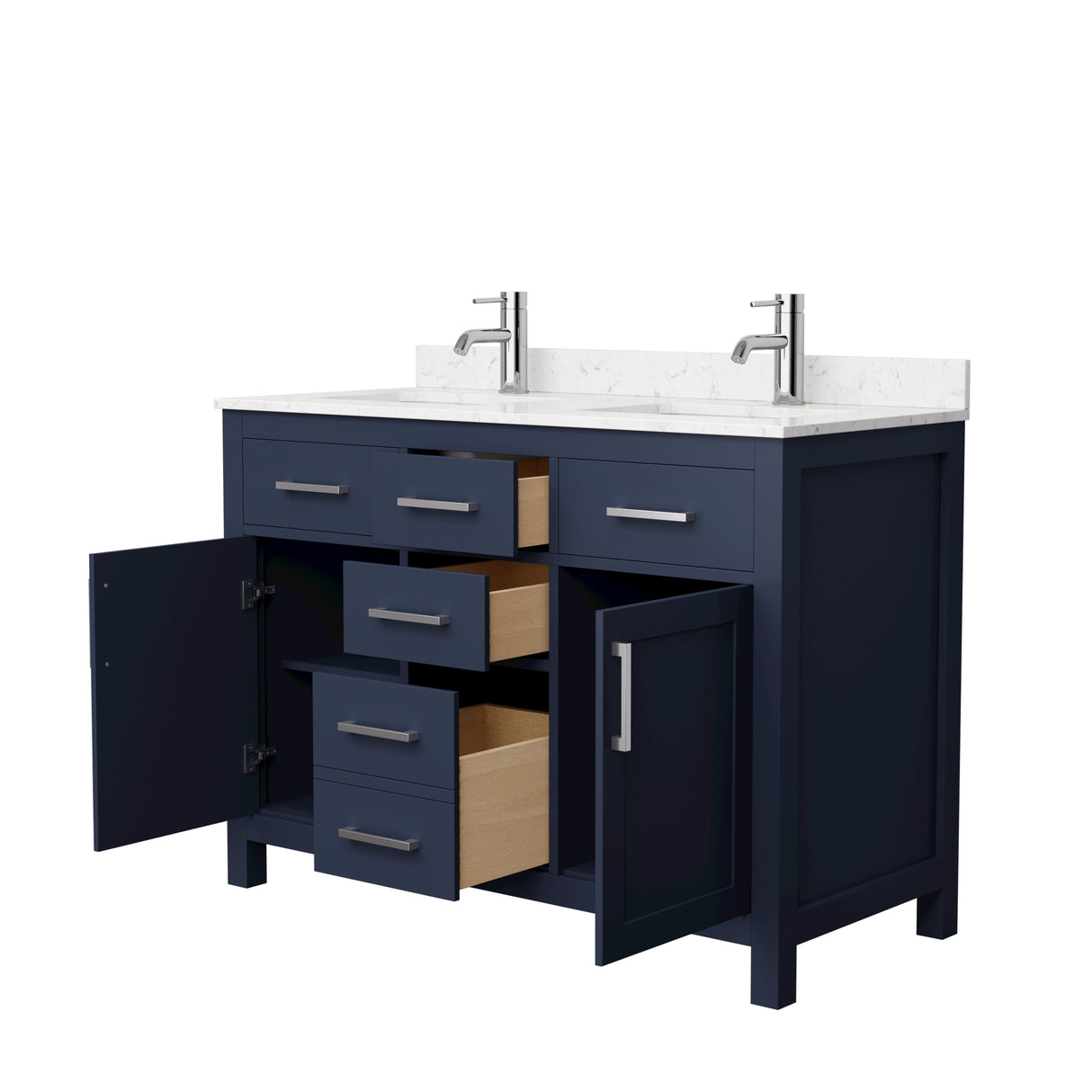 Beckett 48 Inch Double Bathroom Vanity in Dark Blue Carrara Cultured Marble Countertop Undermount Square Sinks Brushed Nickel Trim