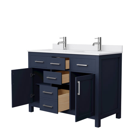 Beckett 48 Inch Double Bathroom Vanity in Dark Blue White Cultured Marble Countertop Undermount Square Sinks Brushed Nickel Trim