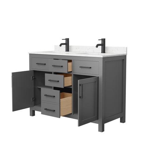 Beckett 48 Inch Double Bathroom Vanity in Dark Gray Carrara Cultured Marble Countertop Undermount Square Sinks Matte Black Trim