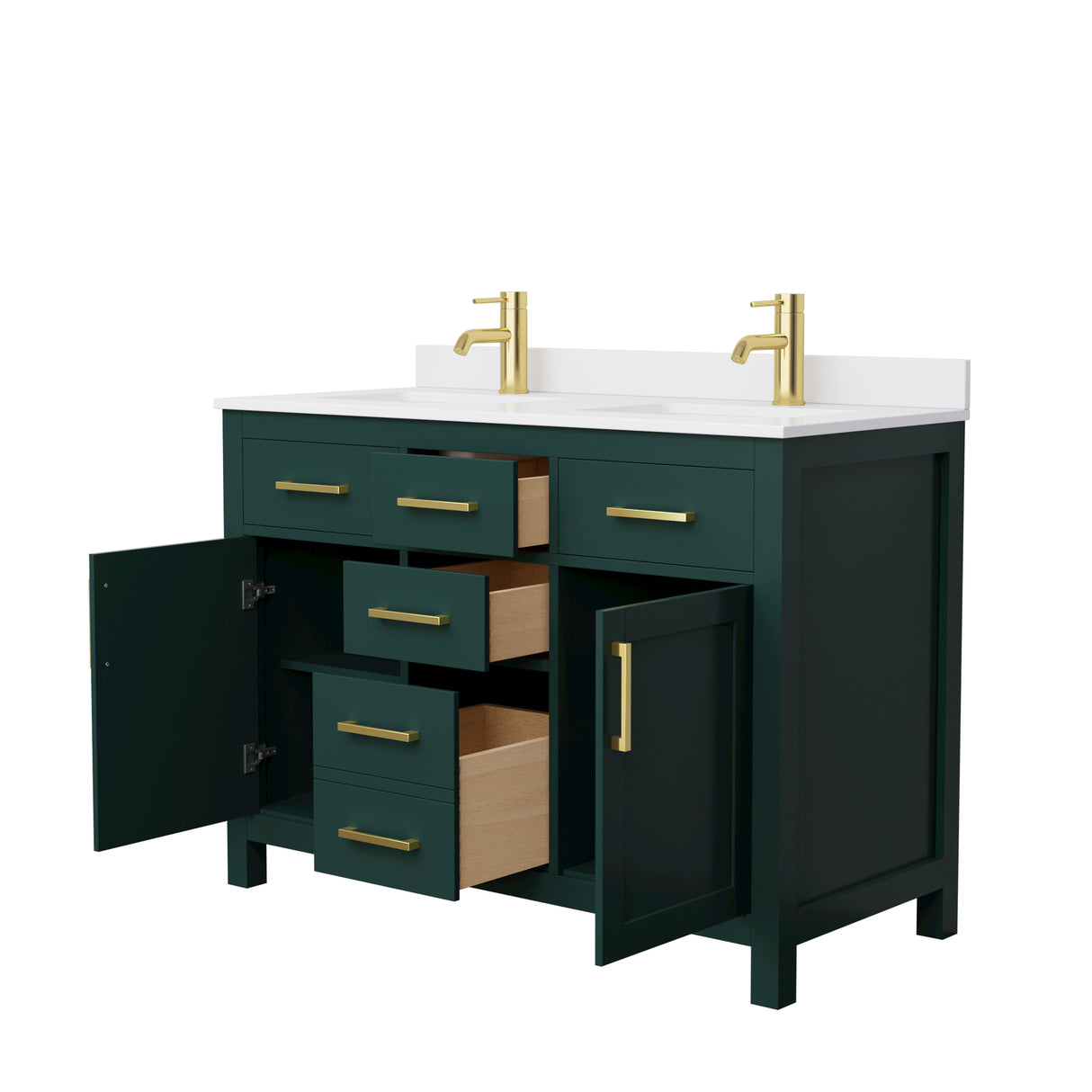 Beckett 48 Inch Double Bathroom Vanity in Green White Cultured Marble Countertop Undermount Square Sinks Brushed Gold Trim