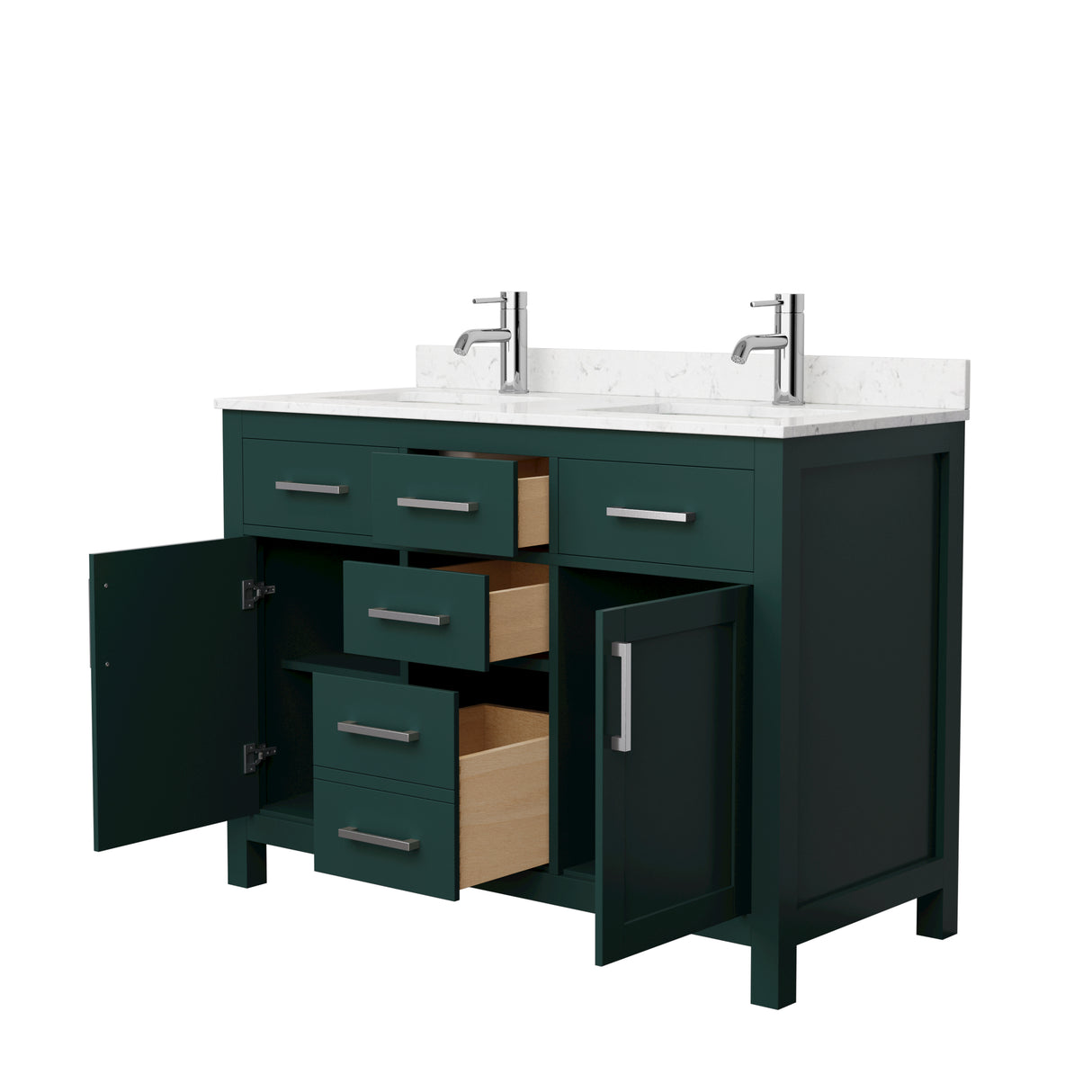 Beckett 48 Inch Double Bathroom Vanity in Green Carrara Cultured Marble Countertop Undermount Square Sinks Brushed Nickel Trim