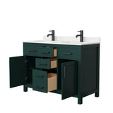 Beckett 48 Inch Double Bathroom Vanity in Green Carrara Cultured Marble Countertop Undermount Square Sinks Matte Black Trim