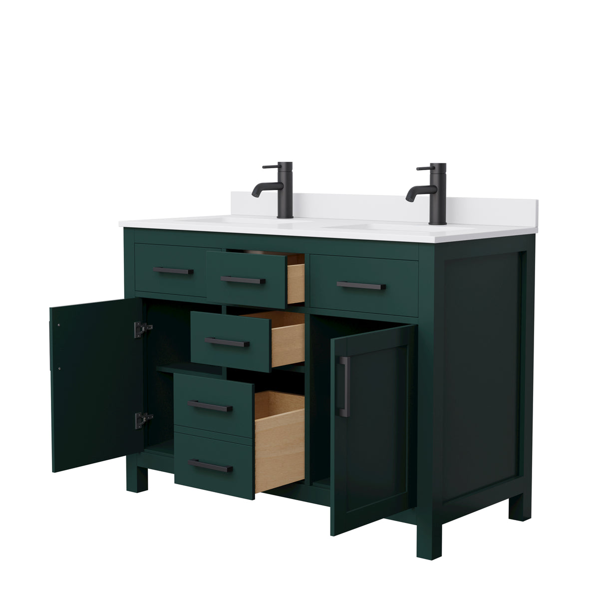 Beckett 48 Inch Double Bathroom Vanity in Green White Cultured Marble Countertop Undermount Square Sinks Matte Black Trim