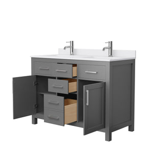 Beckett 48 Inch Double Bathroom Vanity in Dark Gray White Cultured Marble Countertop Undermount Square Sinks Brushed Nickel Trim